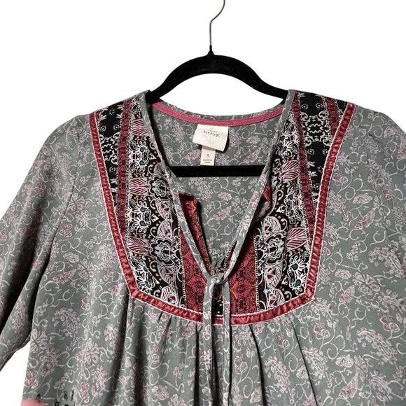 Knox Rose Boho Tunic Top Tassels Velvet Hem Bell Sleeves Gypsy Peasant Gray S - Picture 3 of 16
